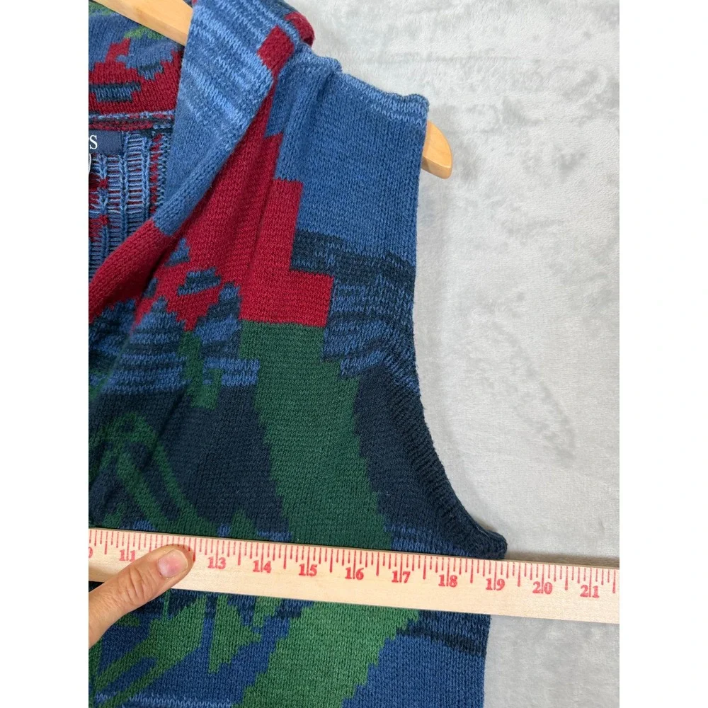 Chaps Southwestern Knit Vest Large Blue Aztec Geometric Shawl Collar Button Up